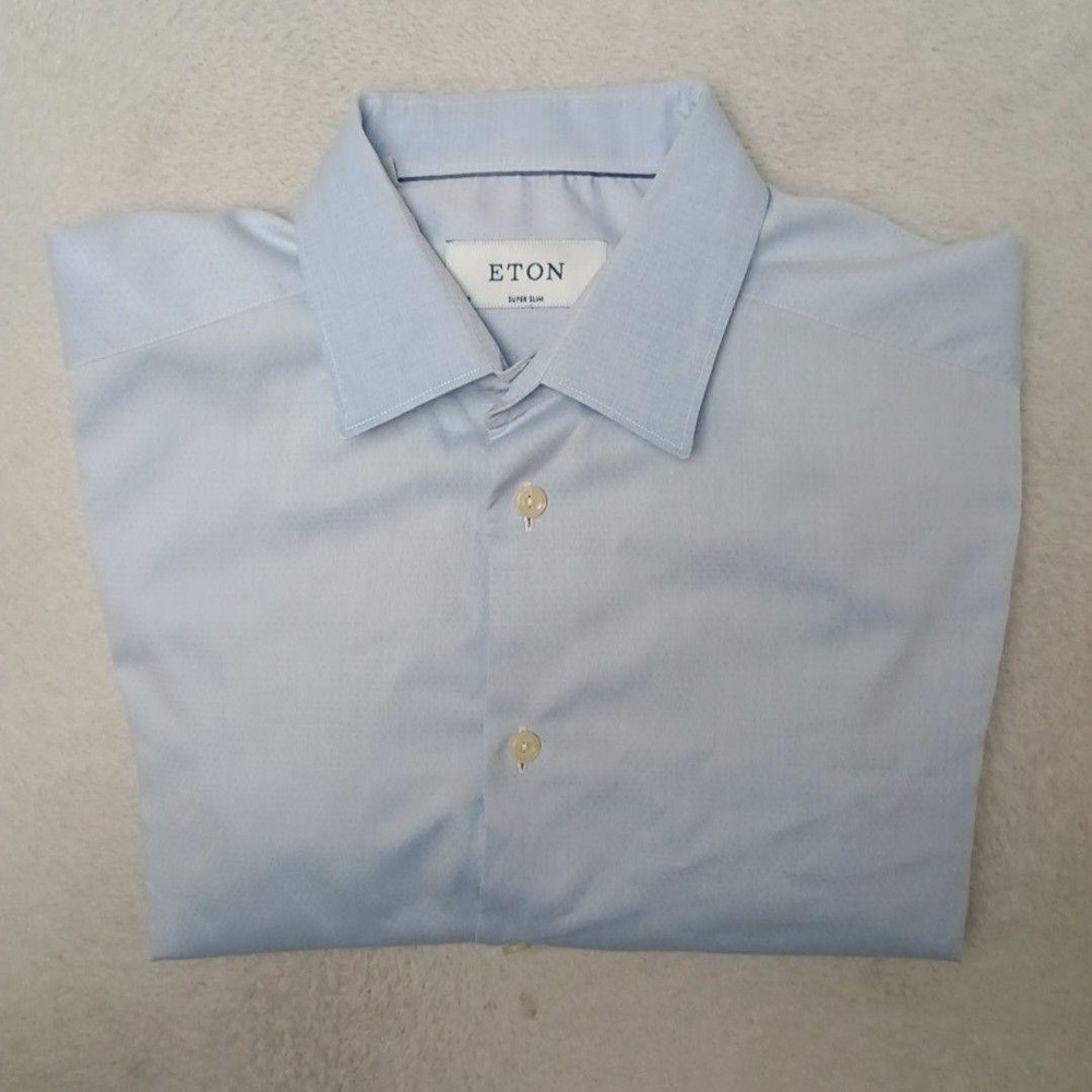 Eton Shirt Mens M Blue Button-Up Extra-Slim Cotton Point Collar Business